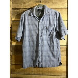 Toscano Mens Blue Plaid Silk Cotton Blend Short Sleeve Button Down Shirt Medium